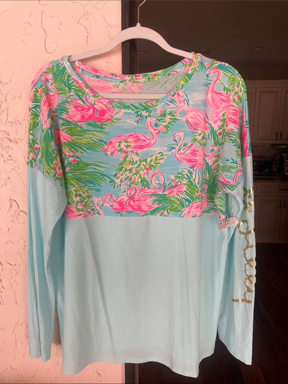 Lilly Pulitzer Light Blue Long-Sleeve Top with Pink Flamingo Print